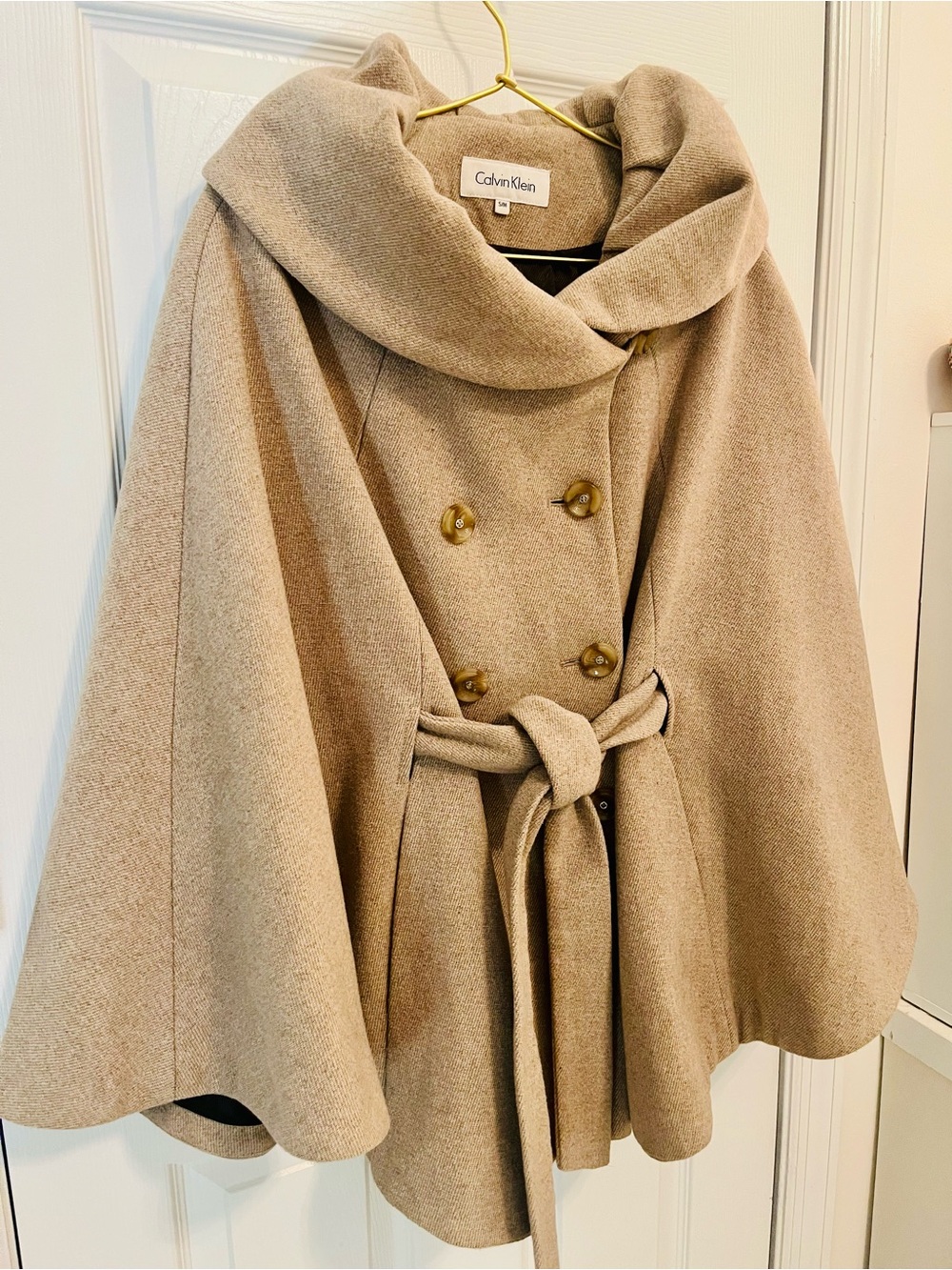 Calvin Klein Beige Belted Cape Coat S/M Double Breasted Oversized Collar - Picture 8 of 10
